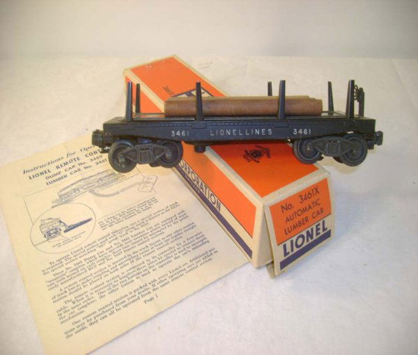 ABT: Lionel #3461X Log Car/Nice 55- OB: Paul V. Ambrose and Drew J. Bauer present: This is the #3461X Operating Log Dump Car with staple-end trucks that Lionel made circa 1960. Proper car for collectible GG-1 Set 2159W and Hudson-freight Se