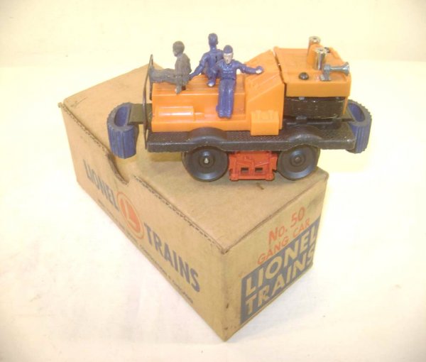ABT: Lionel #50 Off-Set-Horn Gang Car/Down Brackets/: Paul V. Ambrose and Drew J. Bauer present: This is the #50 Motorized Gang Car that Lionel made circa 1956. Late variation with downward-facing Bumper Brackets and a one-piece off-center Horn. Our Opin