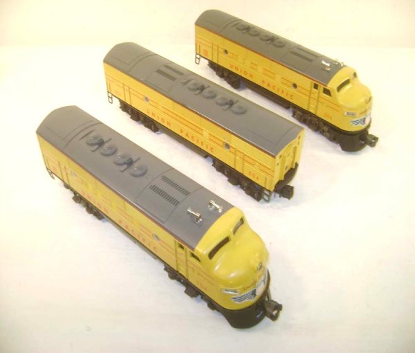 ABT: Lionel/MPC Union Pacific F-3 ABA Custom-paint: Paul V. Ambrose and Drew J. Bauer present: These are custom-painted Union Pacific F-3 ABA Diesels made from Lionel MPC Diesels from the 1970s. Single Motor. Our Opinion is that they are generally in E
