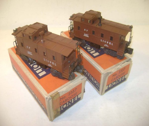 ABT: Two Variations Lionel #2357 Tuscan SP-type Ca: Paul V. Ambrose and Drew J. Bauer present: These are two variations of #2357 SP-Type Caboose that Lionel made circa 1948. This Caboose was the Premium SP-type caboose of the Era with a painted plastic
