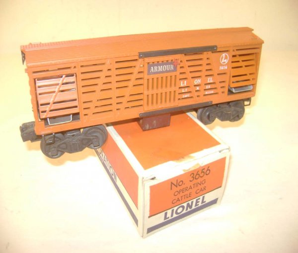 ABT: Lionel #3656 Operating Armour Cattle Car/OB: Paul V. Ambrose and Drew J. Bauer present: This is the # 3656 Operating Armour Cattle Car that Lionel made circa 1949. This is an early production model with Armour adhesive emblems but the frame has 
