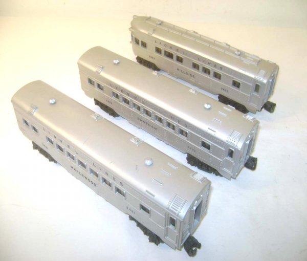 ABT: Lionel #2421/2422/2423 Silver/Silver Passenge: Paul V. Ambrose and Drew J. Bauer present: These are the #2421 Maplewood Pullman, #2422 Chatham Pullman, and #2423 Hillside Observation Car that Lionel made circa 1951. A nice matched-set with Silver 