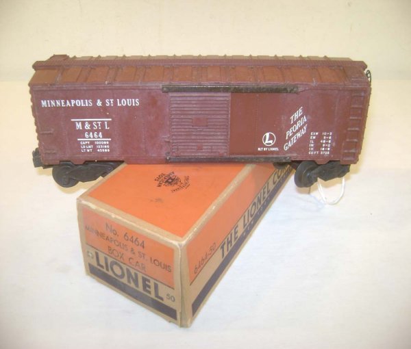ABT: Lionel #6464-50 Tuscan M&StL Box Car/OB: Paul V. Ambrose and Drew J. Bauer present: This is the #6464-50 Tuscan Minneapolis & St. Louis Box Car that Lionel made in the middle 1950s. Type I Body. Our Opinion is that it is generally in Very Go