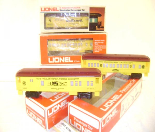 ABT: 4 Lionel Toy Train Society Passenger Cars /OB: Paul V. Ambrose and Drew J. Bauer present: These are four Toy Train Society Passenger Cars that Lionel made in the 1970s. Our Opinion is that they are generally in Like New Condition, no signs of use 