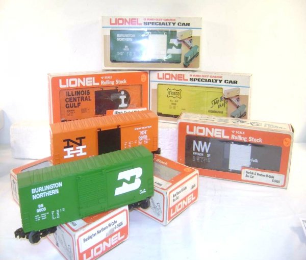 ABT: 6 Assorted Hi-Cube Box Cars/OBs: Paul V. Ambrose and Drew J. Bauer present: These are six different Hi-Cube Box Cars that Lionel made over the past few decades. Included are the #9605 New Haven, the #9608 Burlington Northern, the #96