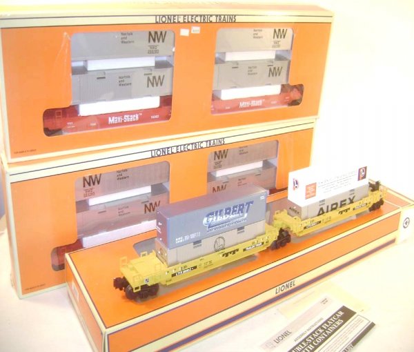 ABT: 3 Lionel Double Stackers #16360 (2) and #1697: Paul V. Ambrose and Drew J. Bauer present: These are two #16360 N&W and the #16975 Lionel Double Stackers with Containers that Lionel made over the past few years. Our Opinion is that they are general