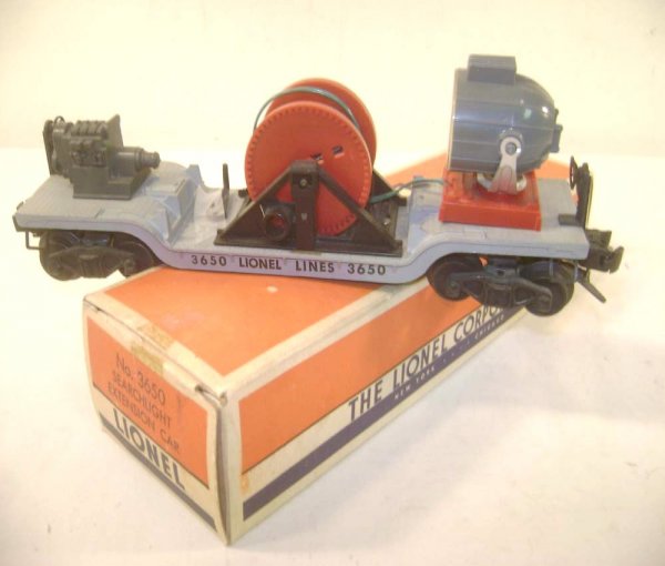ABT: Lionel #3650 Searchlight Extension Car/OB: Paul V. Ambrose and Drew J. Bauer present: This is the #3650 Diecast Searchlight Extension Car that Lionel made in the later 1950s. It is the most common shade of Medium Gray and includes the Crank. O