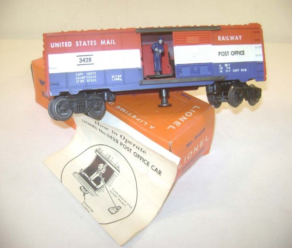 ABT: Lionel #3428 Operating US Mail Box Car/OB+: Paul V. Ambrose and Drew J. Bauer present: This is the #3428 United States Mail Operating Box Car that Lionel made circa 1959/60. Type III Body with Plastic AAR trucks; Original Blue Man but missing t