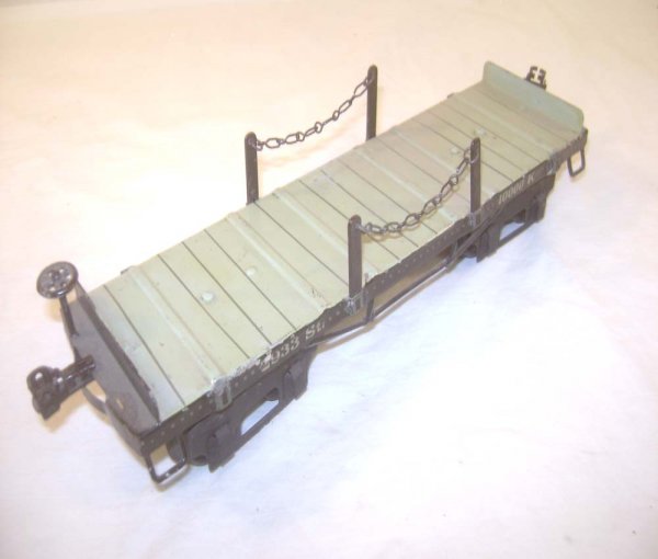 ABT: Scarce Marklin 1 Gauge #2933 St. Flat Car wit: Paul V. Ambrose and Drew J. Bauer present: This is the #2933 St. Flat Car with Stakes that Marklin made in 1 Gauge in the 1920s/30. Our Opinion is that it is generally in Very Good Plus Condition. No 