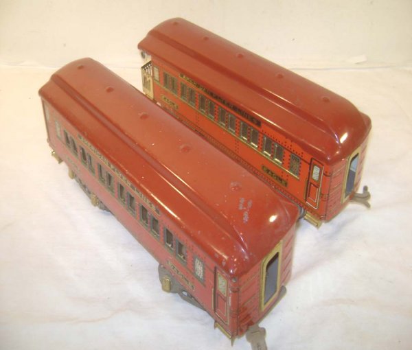 ABT: 2 AF Wide Gauge Two-Tone Red Eagle Passenger : Paul V. Ambrose and Drew J. Bauer present: These are two Two-Tone Red Eagle Passenger Cars that American Flyer made in Wide (Standard) Gauge in the 1930s. Our Opinion is that they are generally in Ver
