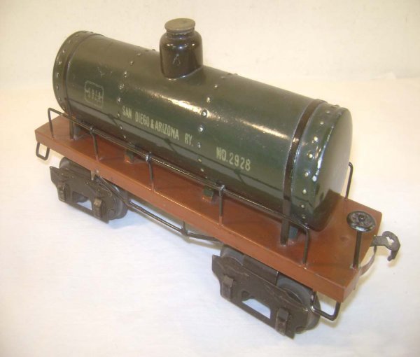 ABT: Scarce Marklin 1 Gauge #2928 San Diego & Ariz: Paul V. Ambrose and Drew J. Bauer present: This is the #2928 San Diego & Arizona Railway Tank Car that Marklin made in 1 Gauge in the 1920s/30. Our Opinion is that it is generally in Very Good Plus Co