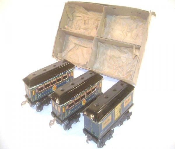 ABT: AF Blue #1202/03/03 Lightning Bolt Passenger : Paul V. Ambrose and Drew J. Bauer present: These are the 6 1/4-inch Blue #1202, #1203 and #1203 Lightning Bolt Passenger Cars with premium four-wheel trucks that American Flyer made in O Gauge circa 1