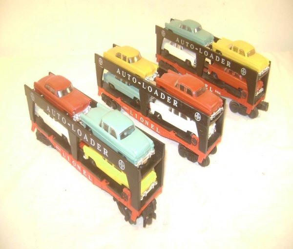 ABT: 3 Lionel #6414 Auto Loaders: Paul V. Ambrose and Drew J. Bauer present: These are three #6414 Auto Loaders that Lionel made in the 1950s. Reproduction Autos and some of the superstructures have been switched (one flat has a uniqu