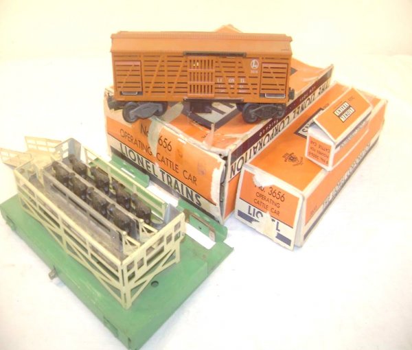 ABT: Lionel #3656 Operating Cattle Car Set: Paul V. Ambrose and Drew J. Bauer present: This is the #3656 Operating Cattle Car Set that Lionel made Post War. Our Opinion is that it is generally in Very Good Plus Condition, typical signs of use a