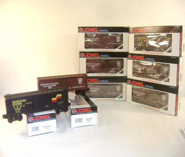 ABT: 8 Mint Lionel Box Cars from the 1980s/OBs: Paul V. Ambrose and Drew J. Bauer present: These are eight Assorted Box cars that Lionel made a few years ago. Included are six #19212 Pennsylvania Box Cars and the #19206 Seaboard System Box Car. Our