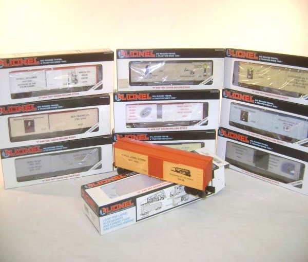 ABT: 10 Lionel Assorted Inventor Series Reefers/OBs: Paul V. Ambrose and Drew J. Bauer present: These are ten Assorted Inventor Series Reefers that Lionel made in the 1980s. Included are the #19508 Leonardo Da Vinci, the #19507 Thomas Edison, the #19528