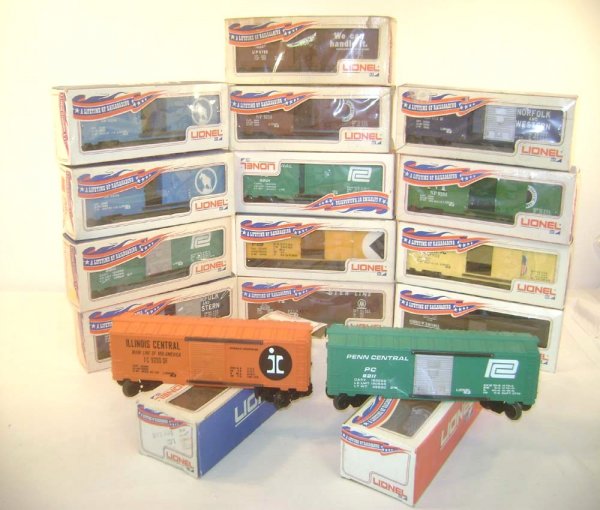 ABT: 15 Lionel Assorted Box Cars from the 1970s /B: Paul V. Ambrose and Drew J. Bauer present: These are fifteen Assorted Box Cars that Lionel made in the late 1970s. Included are the #9200 Illinois Central, the #9201 Penn Central, the #9203 Union Paci
