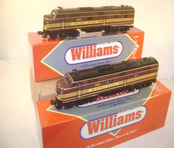 ABT: Williams #3805/3809 Boston and Maine E-7 AA D: Paul V. Ambrose and Drew J. Bauer present: These are the #3805/3809 Boston and Maine E-7 AA Diesels with Dual Motors that Williams made in O Gauge several years ago. Our Opinion is that they are gener