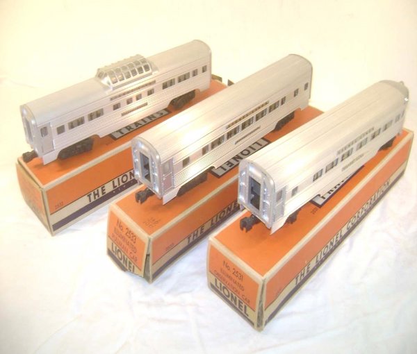 ABT: Nice Lionel #2531/32/33 Silver Dawn Passenger: Paul V. Ambrose and Drew J. Bauer present: These are the #2531 Silver Dawn Observation Car, the #2532 Silver Range Vista Dome, the #2533 Silver Cloud Pullman Extruded-Aluminum Passenger Cars that Lion
