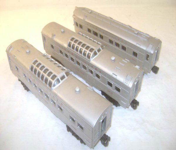 ABT: Lionel #2432/2432/2436 Silver Passenger Cars: Paul V. Ambrose and Drew J. Bauer present: These are two #2432 Clifton Vista Domes and the #2436 Summit Observation Silver Passenger Cars with Red Lettering that Lionel made in the middle 1950s. Our O