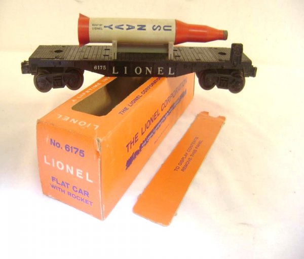 ABT: Lionel #6175 Black Flat Rocket Car/Scarce 59 : Paul V. Ambrose and Drew J. Bauer present: This is the #6175 Black Flat Car with Rocket that Lionel made circa 1959. Our Opinion is that it is generally in Excellent Condition with an Original aged Ro