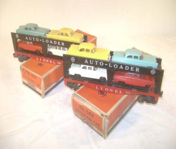 ABT: Two Lionel #6414 Auto Loaders/56+ OBs: Paul V. Ambrose and Drew J. Bauer present: These are two #6414 Auto Loaders that Lionel made in the later 1950s. Number on Right with metal Trucks. Includes eight Original unbroken autos with chrome b