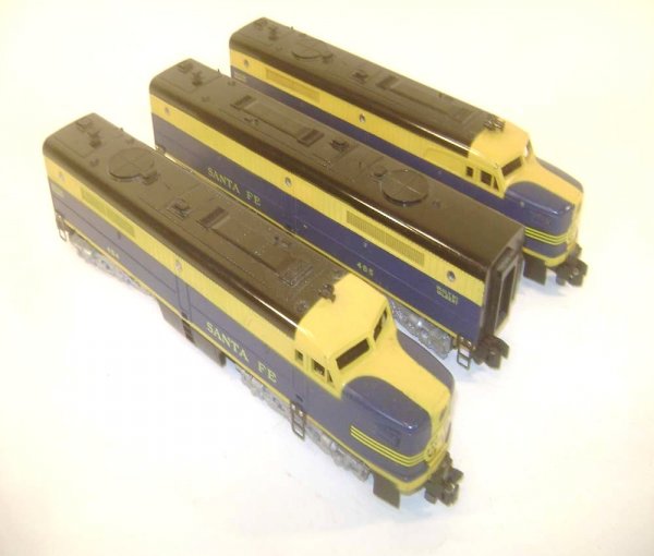 ABT: AF S: #484/485/486 Santa Fe Blue & Yellow Alco: Paul V. Ambrose and Drew J. Bauer present: These are the #484/485/486 Santa Fe Blue & Yellow Alco ABA Diesels that American Flyer made in S Gauge in the later 1950s. Our Opinion is that they are gener