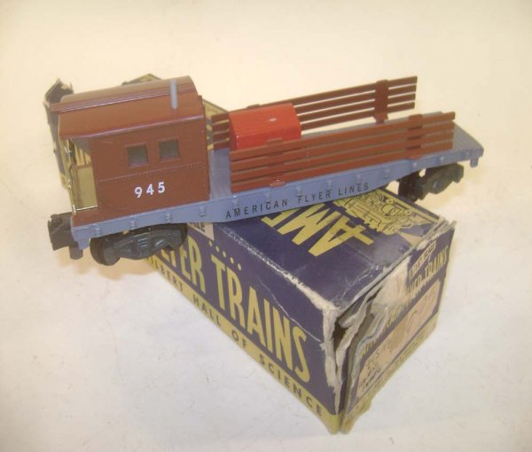 ABT: AF S: #945 American Flyer Boom Car (Work Cabo: Paul V. Ambrose and Drew J. Bauer present: This is the #945 American Flyer Boom Car (Work Caboose) that American Flyer made in S Gauge in the 1950s. Our Opinion is that it is generally in Excellent Mi