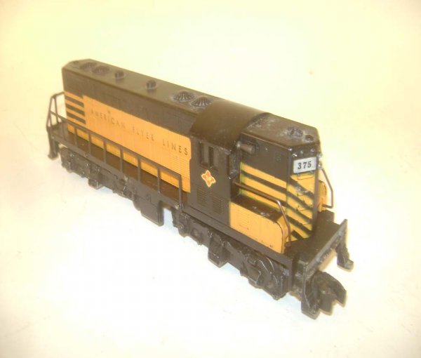 ABT: AF S: #375 American Flyer Lines/T&P Non- Powe: Paul V. Ambrose and Drew J. Bauer present: This is the #375 American Flyer Lines/T&P Non-Powered GP Diesel Unit that American Flyer made in S Gauge in the 1950s. No cab screws. Our Opinion is that it 