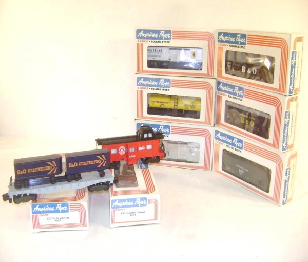ABT: Lionel/AF S Gauge: Eight B&O Freight Cars/OBs: Paul V. Ambrose and Drew J. Bauer present: These are eight Baltimore and Ohio Freight Cars that Lionel made in its American Flyer S Gauge line in the 1980s. Included are the #4900 Flat Car with Piggyb