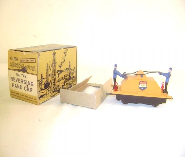 ABT: AF S: #742 Reversing Hand Car/OB: Paul V. Ambrose and Drew J. Bauer present: This is the #742 Reversing Hand Car that American Flyer made in S Gauge in the 1950s. Our Opinion is that it is generally in Excellent Plus Condition. The Or