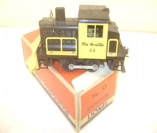 ABT: Lionel #53 D&RG Snowplow/ OB+: Paul V. Ambrose and Drew J. Bauer present: This is the #53 Denver & Rio Grande Snowplow that Lionel made in the later 1950s. Backwards "a" variation with a repaired window strut. Our Opinion is that i