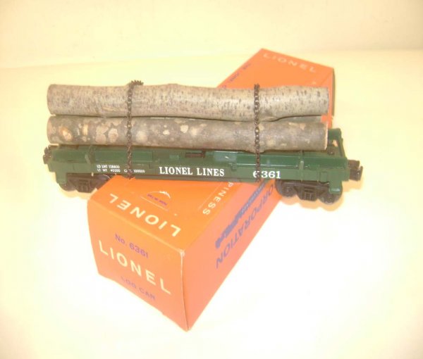 ABT: Lionel #6361 Timber Car/59 OB: Paul V. Ambrose and Drew J. Bauer present: This is the #6361 Timber Car that Lionel made in the middle 1960s. Plastic AAR trucks with metal knuckles. Our Opinion is that it is generally in Excellent P