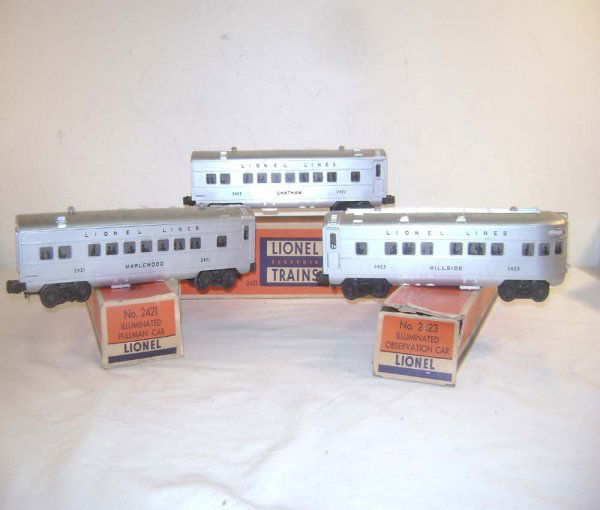 ABT: Lionel #2421/2422/2423 Silver/Silver Passenge: Paul V. Ambrose and Drew J. Bauer present: These are the #2421 Maplewood Pullman, #2422 Chatham Pullman, and #2423 Hillside Observation Passenger Cars that Lionel made circa 1952. A matched set with S