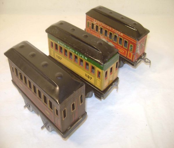 ABT: 3 Assorted 6-inch American Flyer #1107 Pullman: Paul V. Ambrose and Drew J. Bauer present: These are three different #1107 6-inch Passenger Cars that American Flyer made in O-gauge in the 1920s. Our Opinion is that they are generally in Very Good C