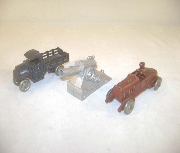 ABT: 3 European Pre War Die-Cast Toys: Paul V. Ambrose and Drew J. Bauer present: These are three unmarked European die-cast Toys made by unknown Manufactures circa the 1930s. Included are an open-back Truck, a Grand Prix Race Car, and a C