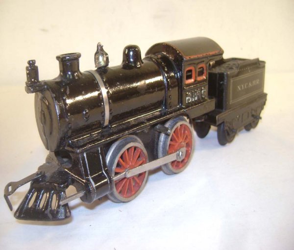 ABT: Bing Black Clockwork Steam Engine & Tender: Paul V. Ambrose and Drew J. Bauer present: These are the Black Clockwork Steam Engine with Brake (Bing underneath the window) and N.Y.C & H.R. Tender that Bing made in O-Gauge in the 1920s. We did not
