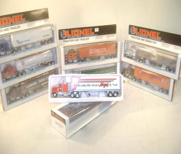 ABT: 8 Mint Assorted Lionel Tractor Trailers/OBs: Paul V. Ambrose and Drew J. Bauer present: These are eight Tractor Trailers that Lionel made a few years ago. Included are the #52021 Weyerhouse, the #12779 Lionel Grain, the #12778 Lionel, the #12777