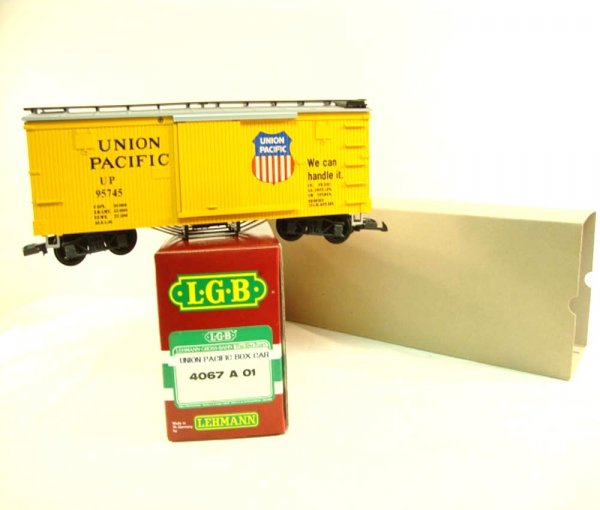 ABT: LGB #4067 A 01 Union Pacific Box Car/OB: Paul V. Ambrose and Drew J. Bauer present: This is the #4067 A 01 Union Pacific Box Car that LGB made in G Scale in the 1990s. Our Opinion is that it is generally in Like New Condition, no signs of us