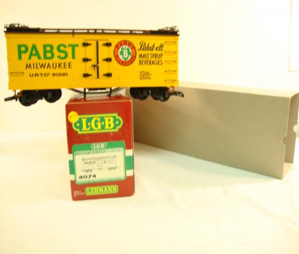 ABT: LGB G Scale #4074 Pabst Reefer Car/OB: Paul V. Ambrose and Drew J. Bauer present: This is the #4074 Pabst Reefer Car that LGB made in G Scale a few years ago. Our Opinion is that it is generally in Excellent Condition. The Original Box is 