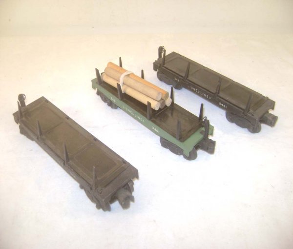 ABT: 3 Lionel #3461 Operating Log Cars: Paul V. Ambrose and Drew J. Bauer present: These are three #3461 Operating Log Cars that Lionel made in the late 1940s and 1950s. The Green model is designated as -25. Please add $16.00 for US-48 Ship