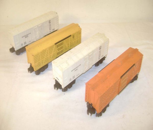ABT: Lionel #6472/82 Reefers & #6646/56 Stock Cars: Paul V. Ambrose and Drew J. Bauer present: These are the #6472 Reefer, the scarce #6482 Reefer and the scarce Orange #6646 and #6656 Stock Cars that Lionel made in the 1950s. Please add $16.00 for US-