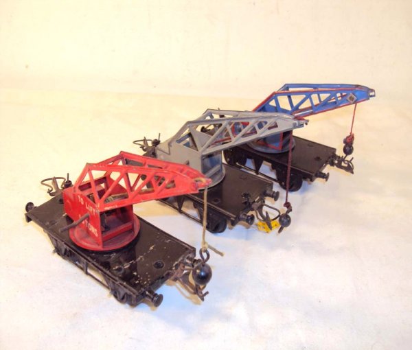 ABT: 3 Hornby O Gauge Crane Cars: Paul V. Ambrose and Drew J. Bauer present: These are three Crane Cars that Hornby made in O-gauge both Pre and Post War. Please add $16.00 for US-48 Shipping and Insurance.