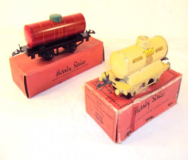 ABT: 2 Hornby O-Gauge Tank Cars/OBs: Paul V. Ambrose and Drew J. Bauer present: These are two Tank Cars that Hornby made in O-gauge circa the 1940s and 1960s respectively. Note the early BP example is identified as a Petrol Tank Wagon. P