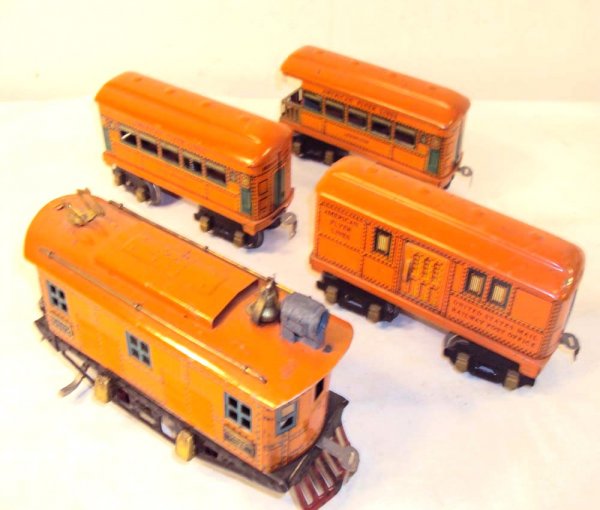 ABT: AF #3112 O Gauge Orange Electric & 3 Passenge: Paul V. Ambrose and Drew J. Bauer present: These are the Orange #3112 Electric and 3 Passenger Cars (Post Office, Pullman, and Observation) that American Flyer made in O Gauge circa the 1930s. Please 