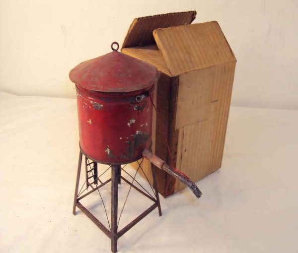 ABT: Early Handmade Water Tower: Paul V. Ambrose and Drew J. Bauer present: This is a Water Tower from an unknown Manufacturer circa 1the 1930s, might be handmade. Similar to examples made by American Flyer and Bing. Note the Box is 