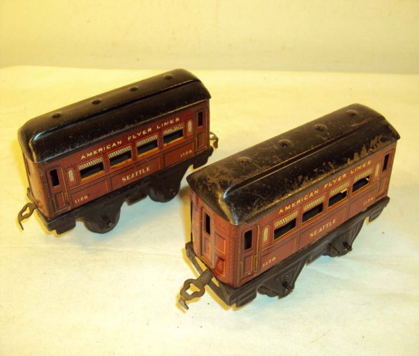 ABT: 2 American Flyer #1120 O Gauge Seattle Pullma: Paul V. Ambrose and Drew J. Bauer present: These are two #1120 Seattle Pullmans that American Flyer made in O Gauge circa the 1920s. Please add $14.00 for US-48 Shipping and Insurance.