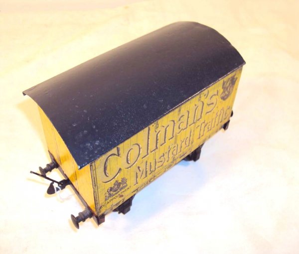 ABT: Hornby 1 Gauge Colman's Mustard Van: Paul V. Ambrose and Drew J. Bauer present: This is the Colman's Mustard Traffic Van that Hornby made in 1 Gauge circa 1920. Please add $12.00 for US-48 Shipping and Insurance.