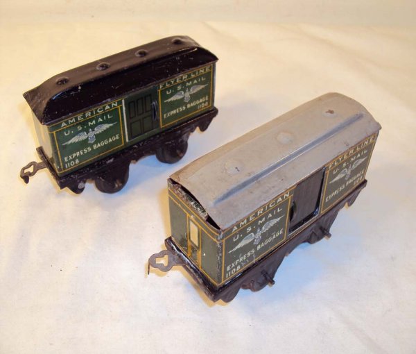 ABT: 2 American Flyer #1108 Baggage Cars: Paul V. Ambrose and Drew J. Bauer present: These are two 5 1/4-inch #1108 Baggage Cars that American Flyer made in O Gauge circa the 1920s. One roof is stripped. Please add $14.00 for US-48 Shipping a