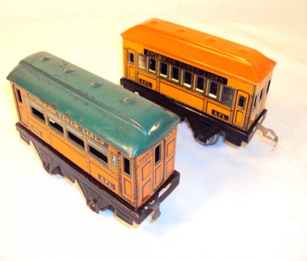 ABT: 2 American Flyer O Gauge Unnumbered Passenger: Paul V. Ambrose and Drew J. Bauer present: These are two 5 1/4-inch unnumbered Passenger Cars that American Flyer made in O Gauge circa 1920. Note they are marked A.F.L. and American Flyer Lines. Plea